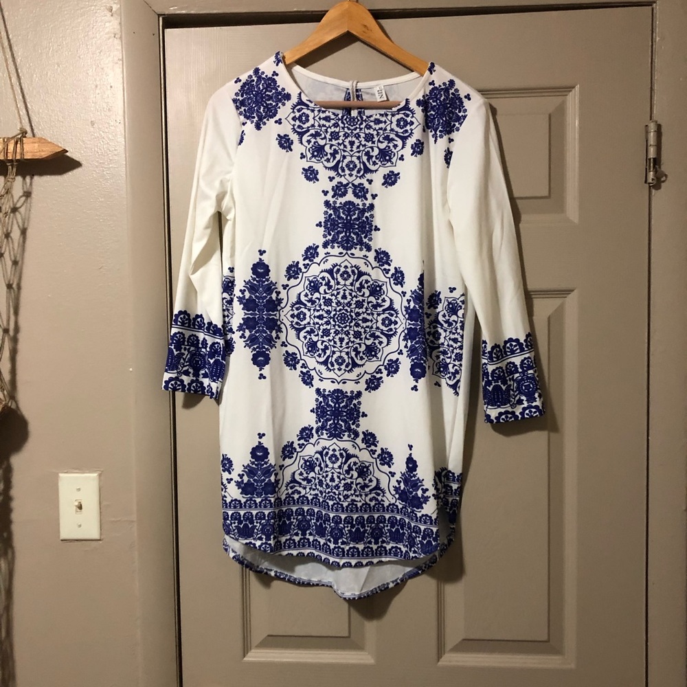 Blue and white mandala mini dress